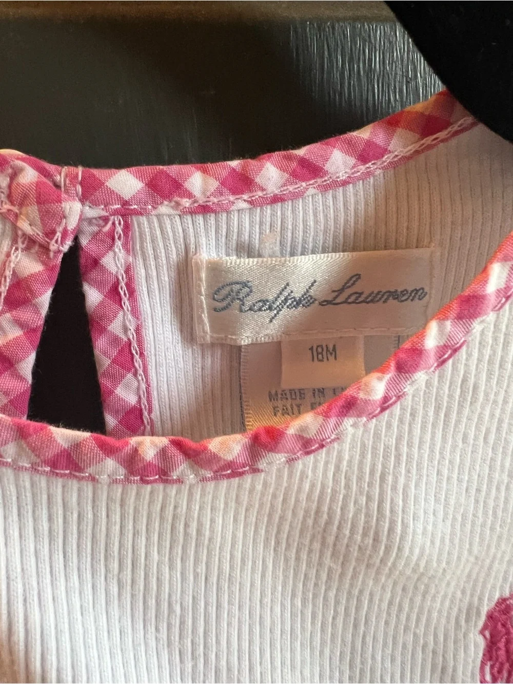Ralph Lauren White Ribbed Baby Top with Pink Gingham Trim